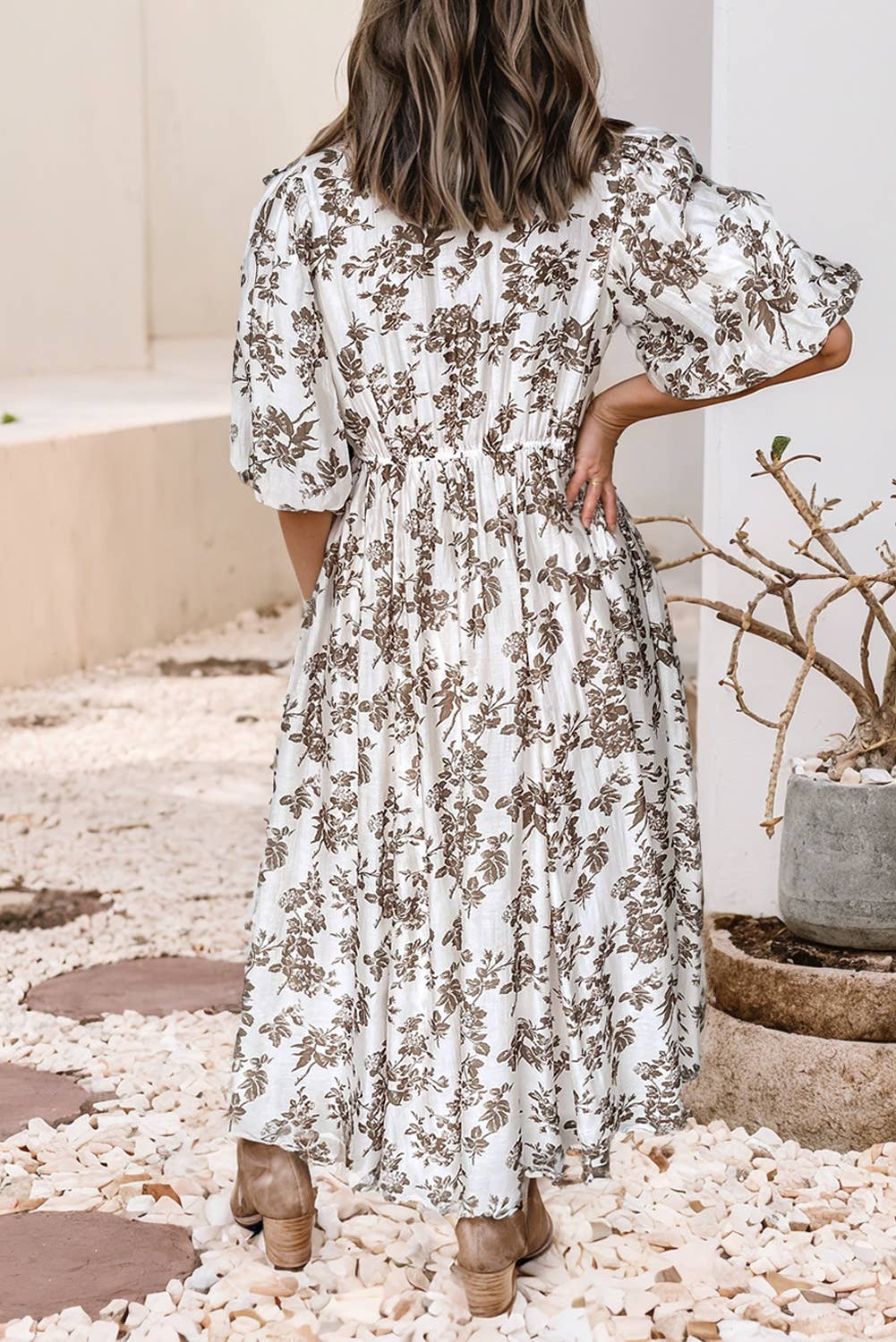 Floral Puff Sleeve V Neck Buttoned Front Maxi Dress