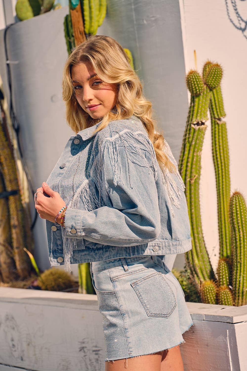Chevron Fringe Studded Sparkle Denim Jacket