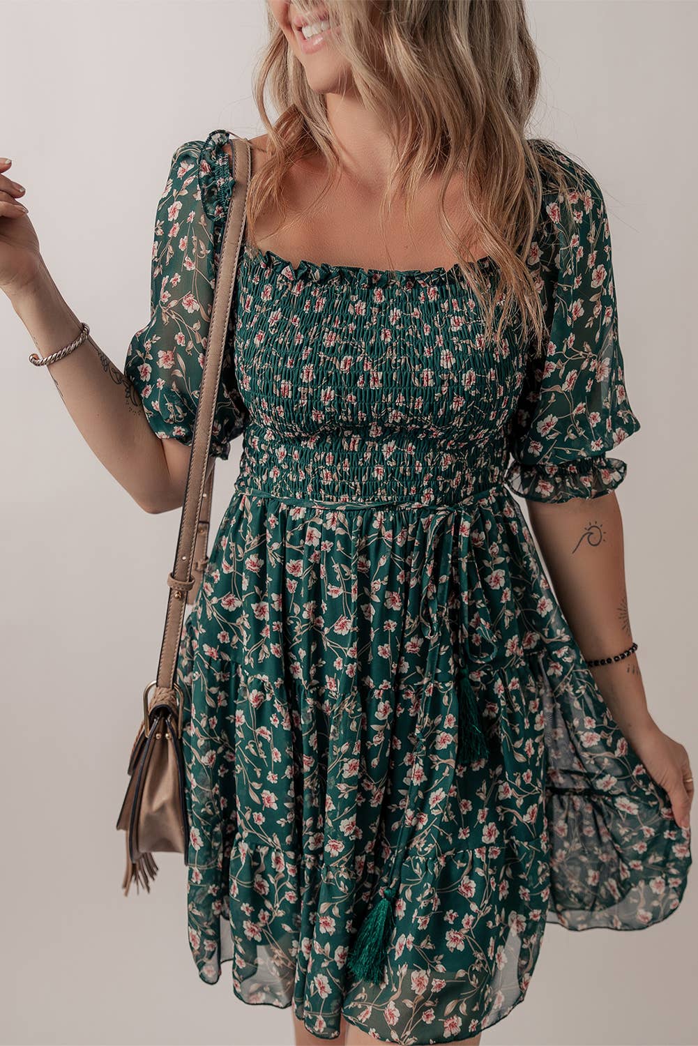 Floral Mesh Overlay Shirred Square Neck Ruffle Dress