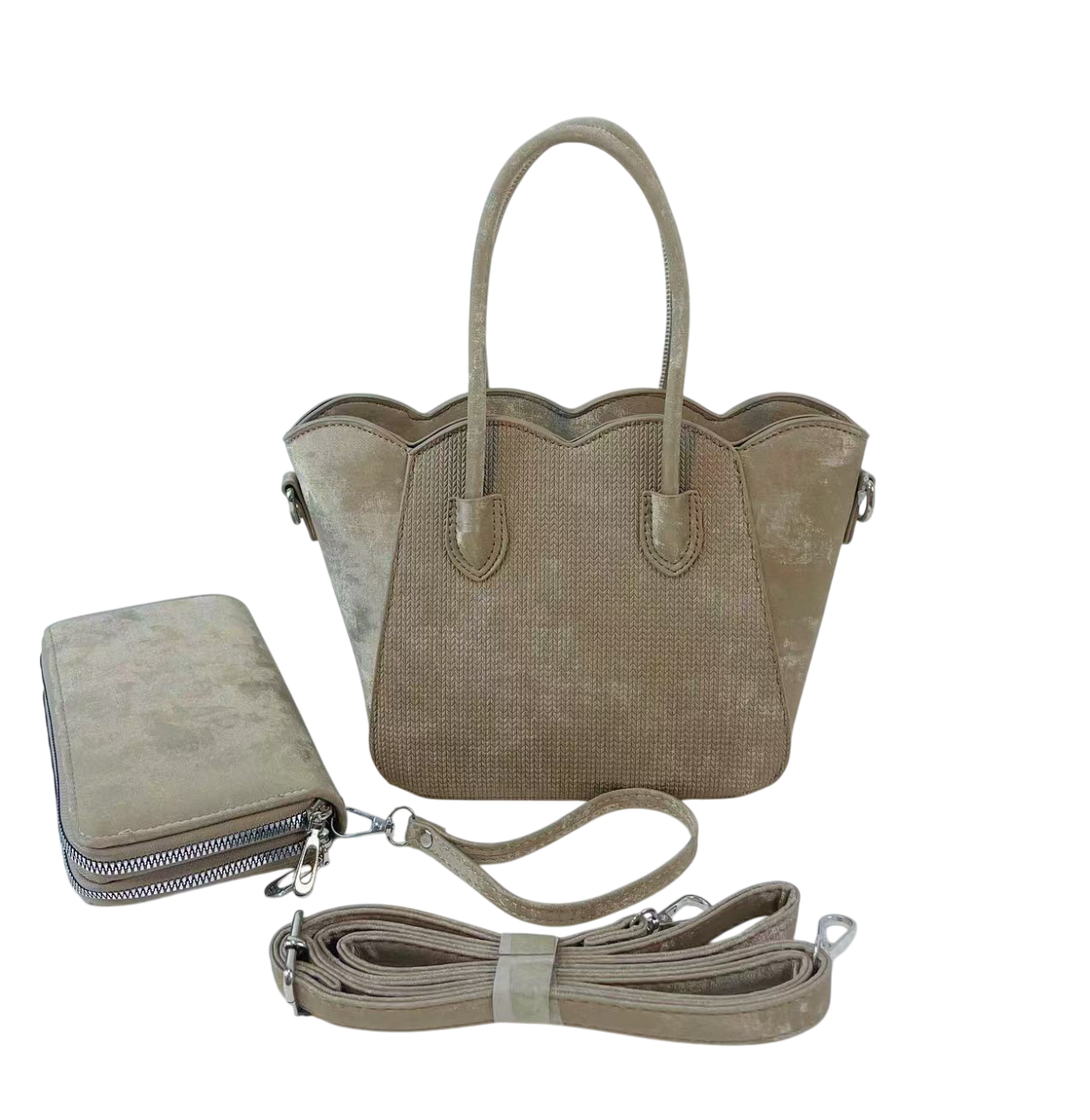 Velvet Top Handle Handbag Set - 2-Piece Satchel & Wallet Kit