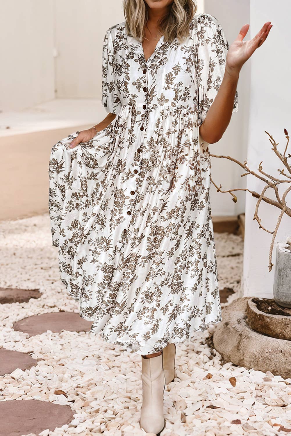 Floral Puff Sleeve V Neck Buttoned Front Maxi Dress