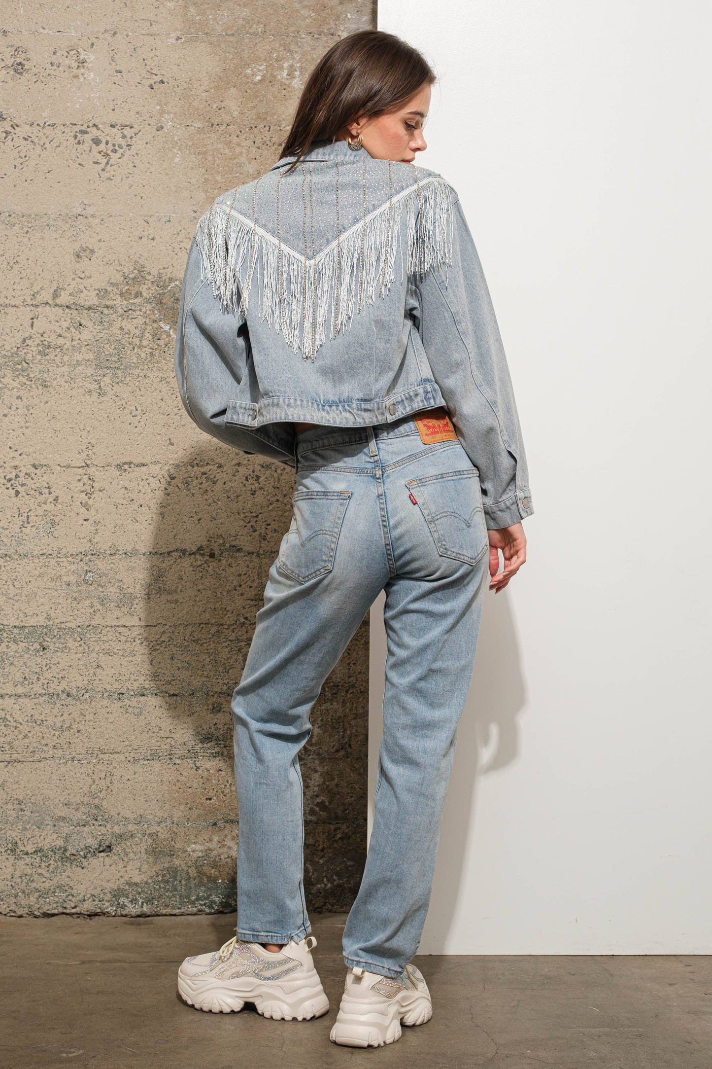 Chevron Fringe Studded Sparkle Denim Jacket