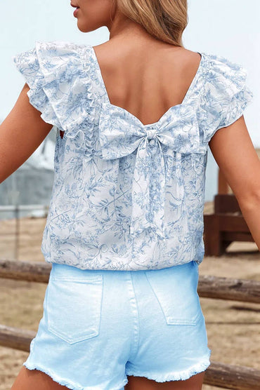Floral Ruffle Short Sleeve Square Neck Bow Back Blouse
