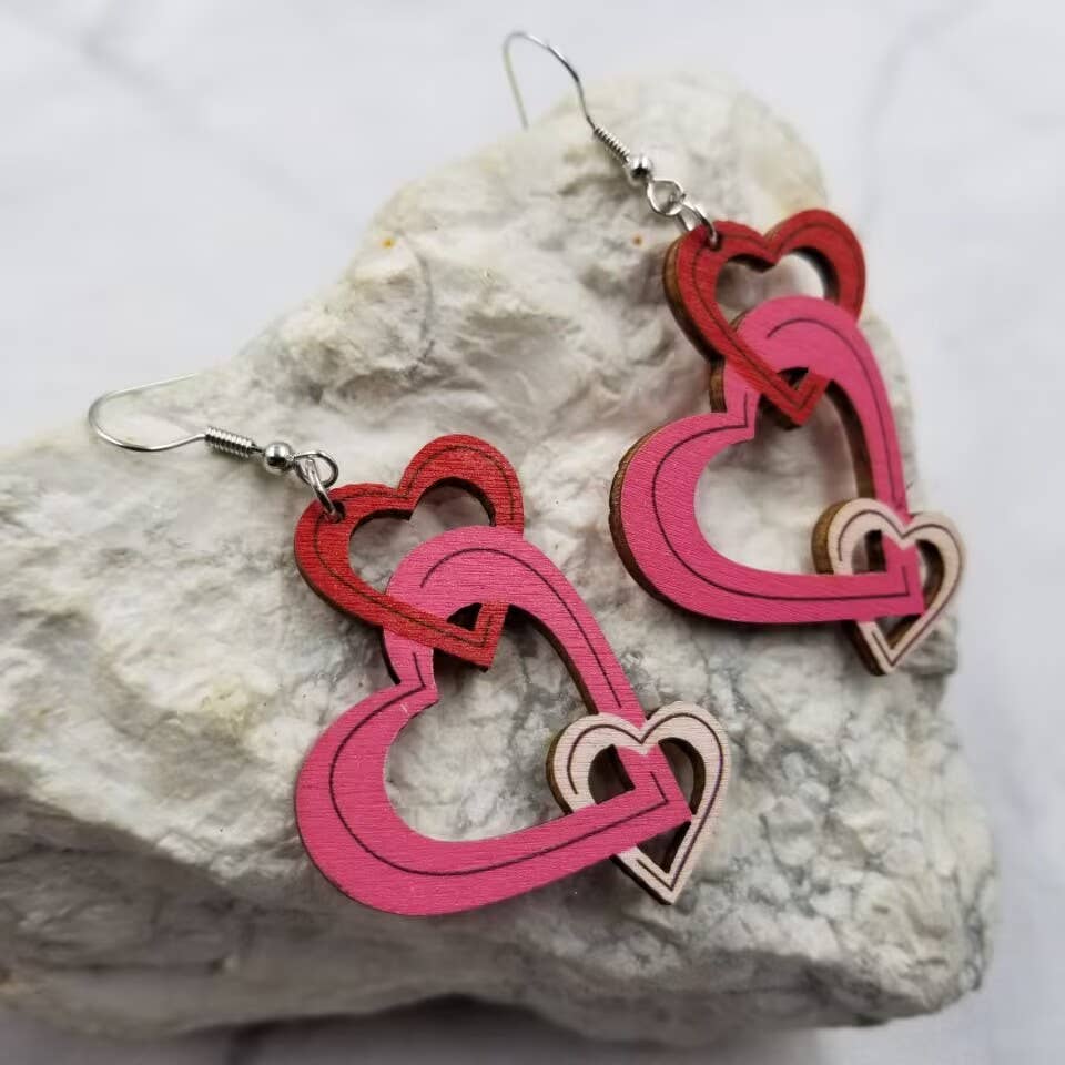 3 Hollow Hearts Wood Earrings