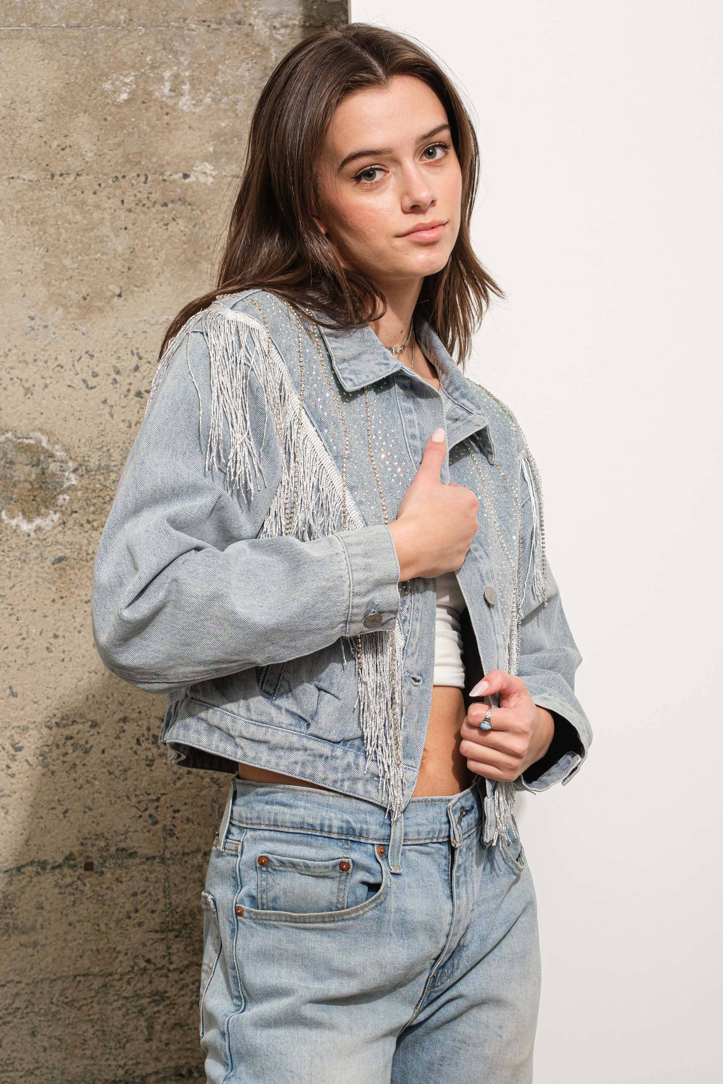 Chevron Fringe Studded Sparkle Denim Jacket