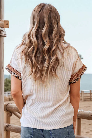 Fashion-W Leopard Patchwork Corded Knit T Shirt