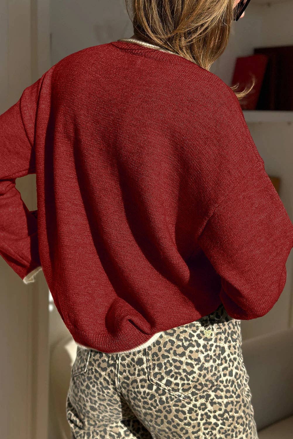 Leopard Bow Split Cuff Contrast Knit Sweater
