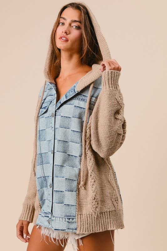 Washed Checker Denim And Sweater Hooded Jacket