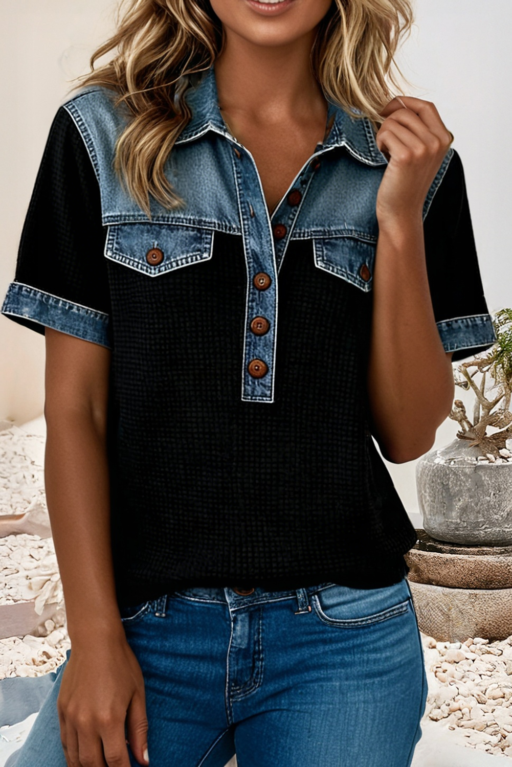 Knit Denim Color Block Patchwork Top
