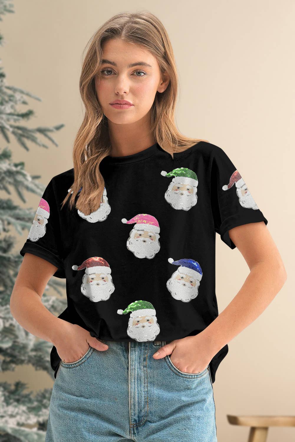 Sequin Christmas Claus Patched Graphic T-Shirt
