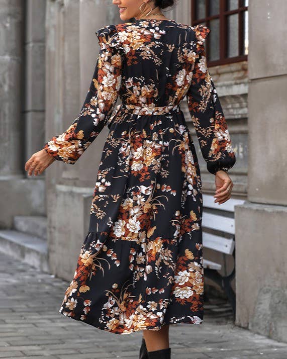 V-Neck Vintage Print Autumn Dress
