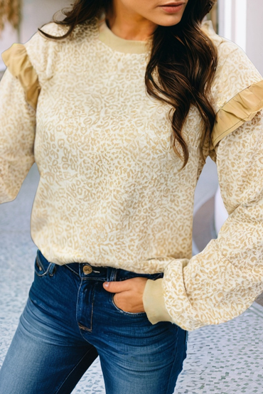 Ribbed Trim Ruffle Detail Leopard Round Neck Sweatshirt