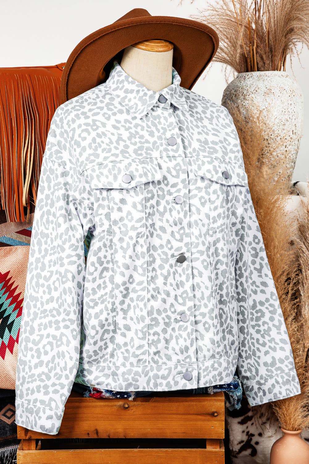 Fashion Fall Western Leopard Flap Pocket Denim Jacket