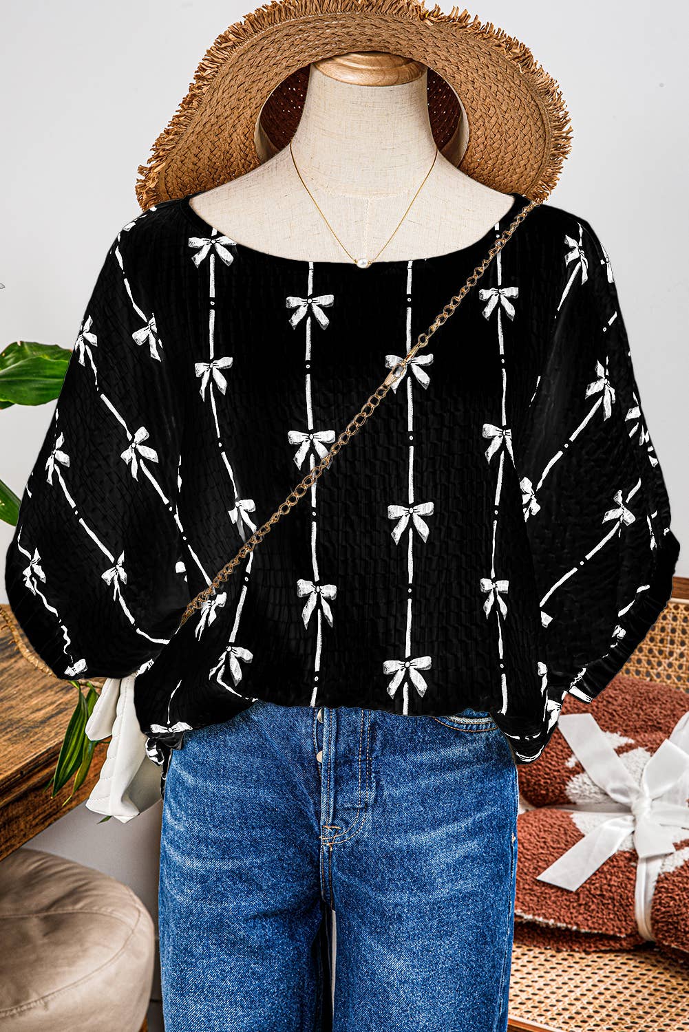 Bow Print Puff Short Sleeve Top