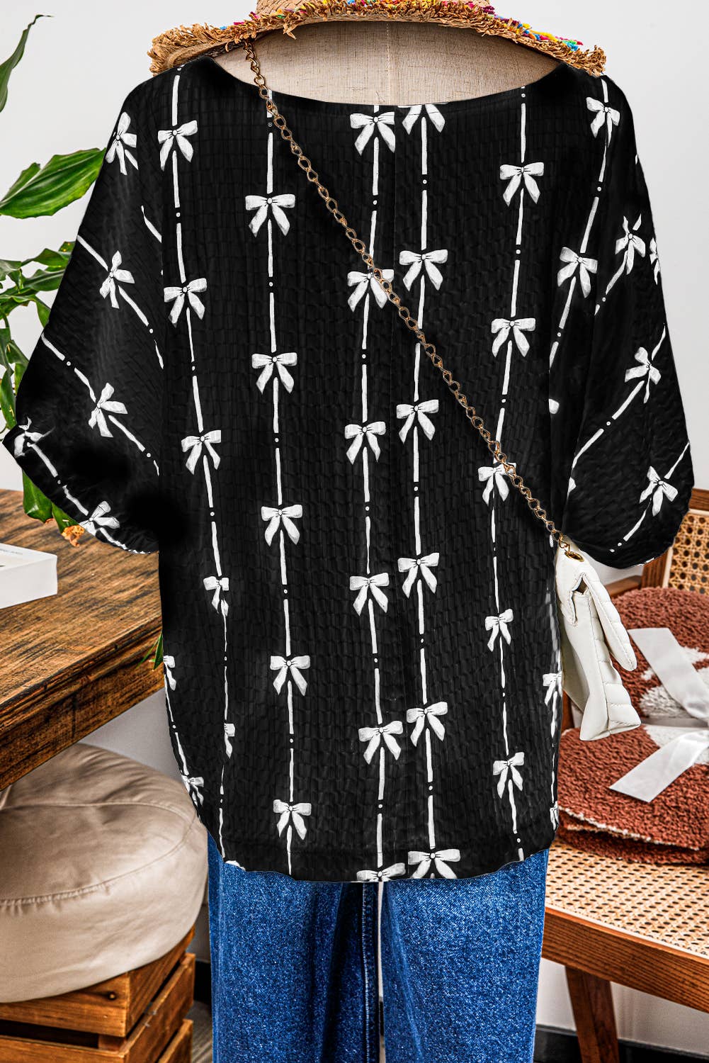 Bow Print Puff Short Sleeve Top