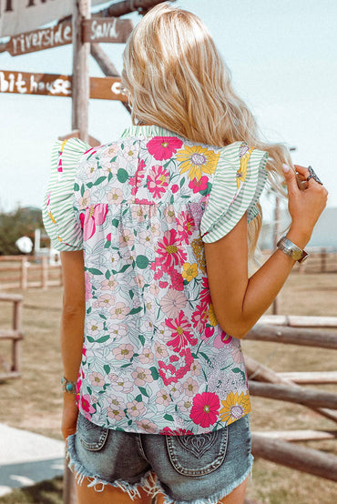 Floral Contrast Ruffle Trim Short Sleeve Blouse