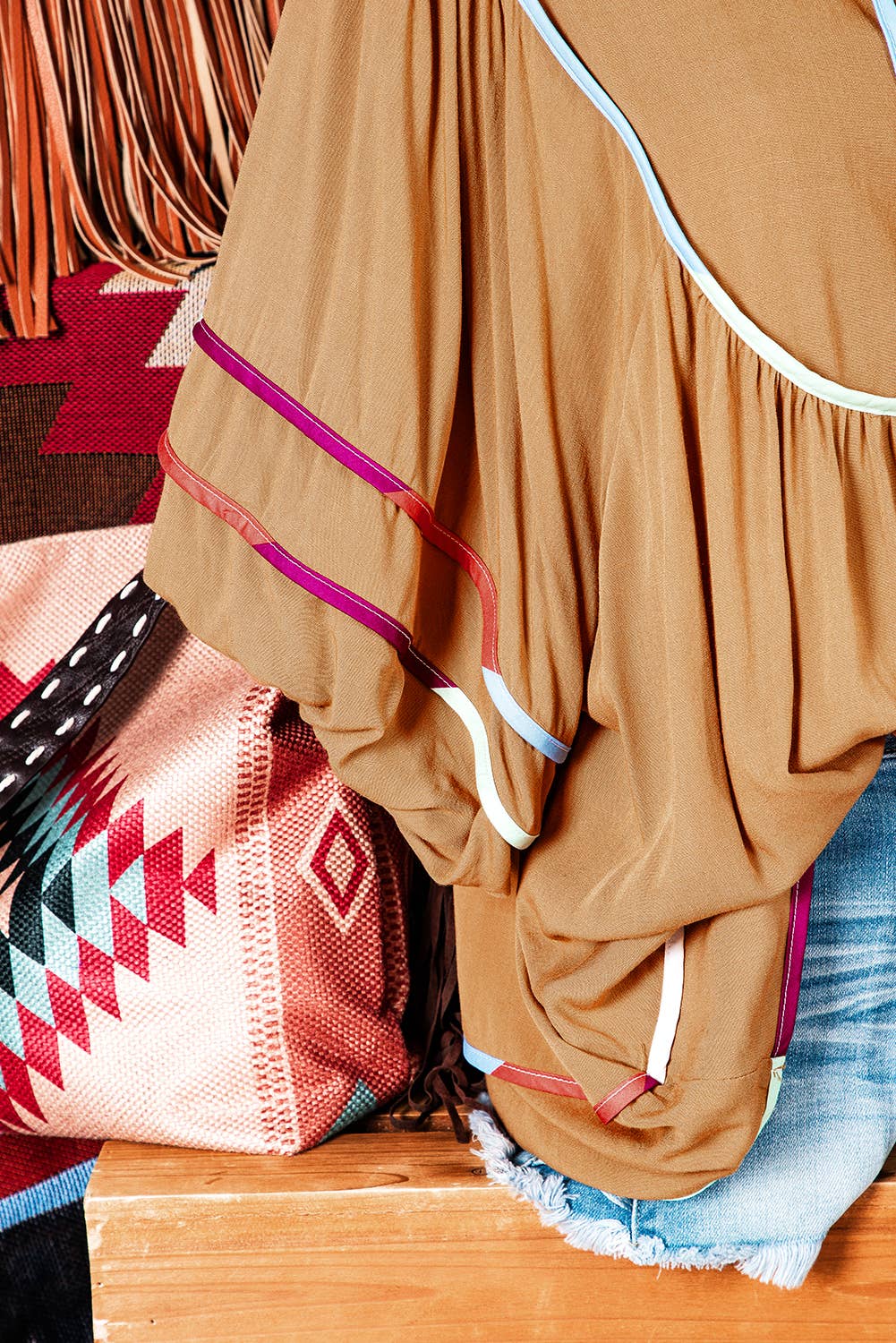 Colorful Trim Wide Short Sleeve V Neck Blouse