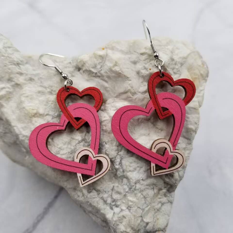 3 Hollow Hearts Wood Earrings