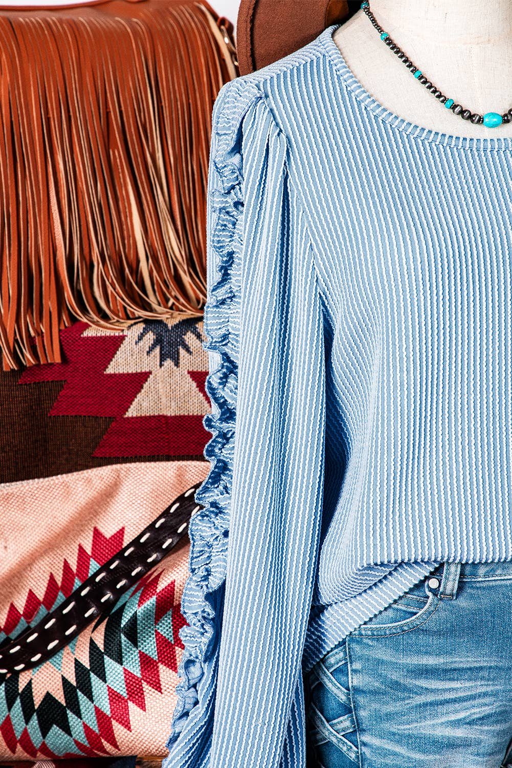 Corded Frilly Puff Sleeve Round Neck Blouse