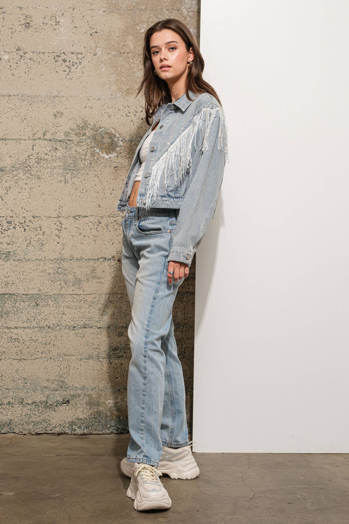 Chevron Fringe Studded Sparkle Denim Jacket