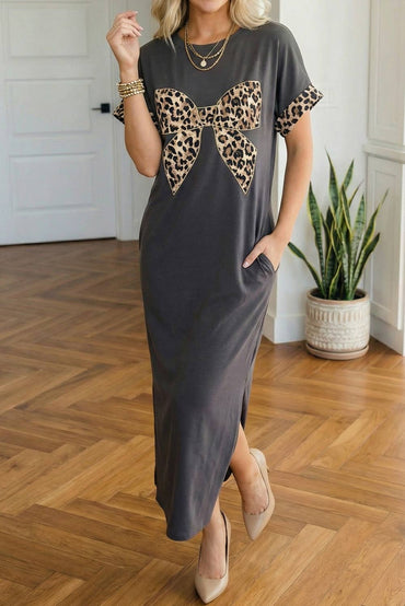 Leopard Bow Short Sleeve T Shirt Maxi Dress