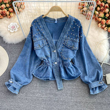 Beaded V-Neck Long Sleeve Denim Jacket