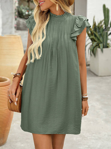 Ruffled Sleeves Panelled Stand-Up Collar A-Hem Dress