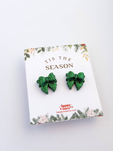 Christmas Studs - Green Glitter Bow Holiday Stud Earrings