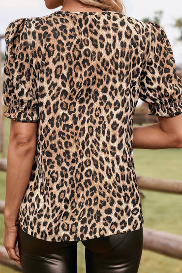 Fashion Leopard Ruffle Neck Cascading Puff Short Sleeve Top