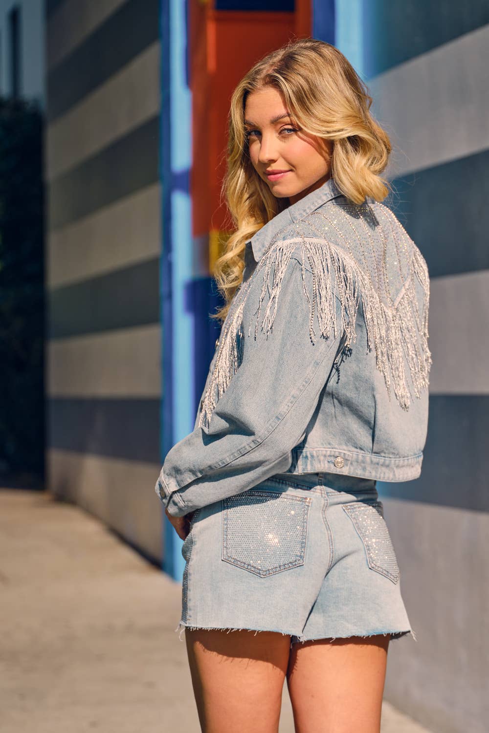 Chevron Fringe Studded Sparkle Denim Jacket