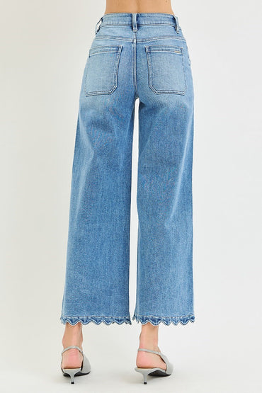 Risen Wide Leg Scallop Patch Pocket Jeans
