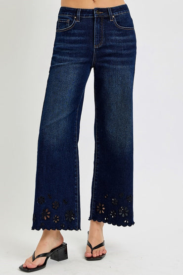 High Rise Crop Wide Cut Out Detail Jeans