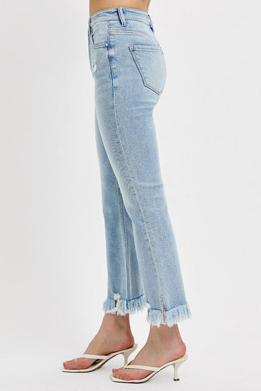 Crop-Flare Side Slit Frayed Jean