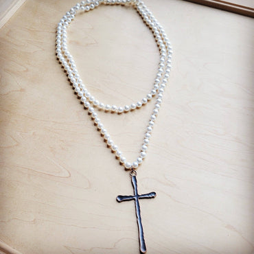Extra Long Pearl Beaded Necklace w/ Copper Cross