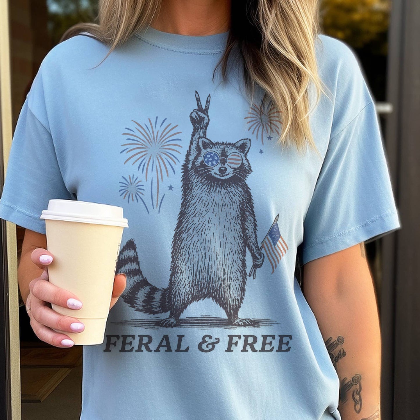 Feral And Free Racoon America Patriotic 4th of July Tee