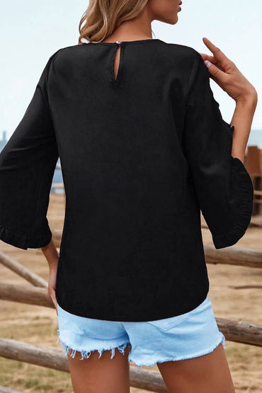 Fashion-W Frill Trim Plain Tulip Sleeve Blouse