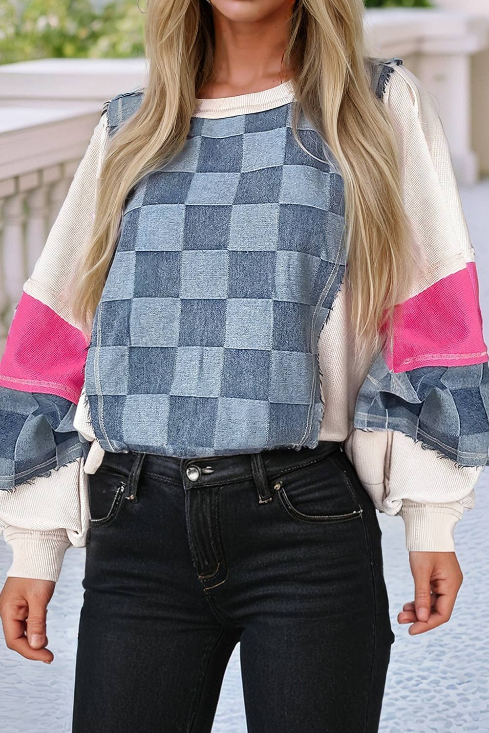 Checkered Denim Exposed Seam Patchwork Sweatshirt