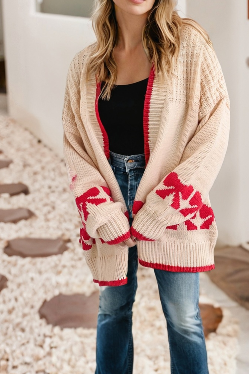 Bow Pattern Textured Open Front Baggy Cardigan