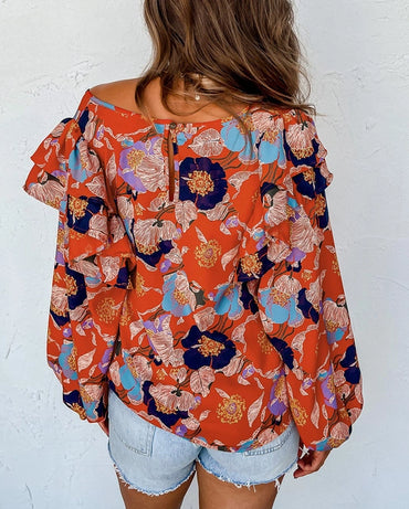 Floral Print Ruffle Puff Sleeve Blouse