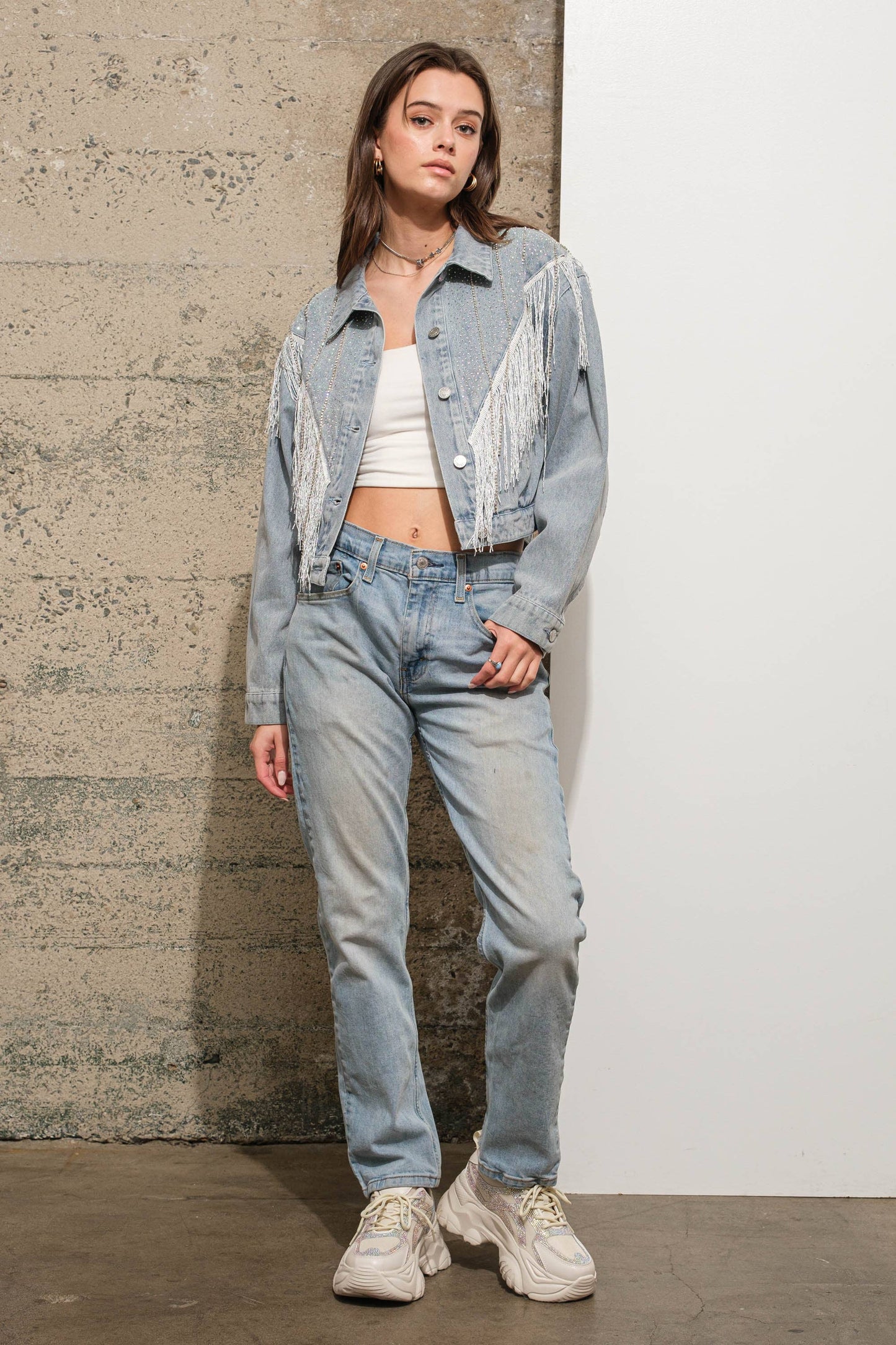 Chevron Fringe Studded Sparkle Denim Jacket
