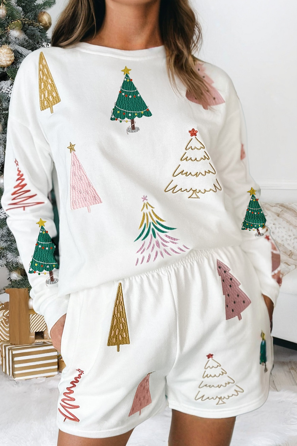 Tree Long Sleeve Top and Shorts 2pcs Lounge Set