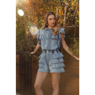 Denim Washed Pintuck Detail Ruffled Shorts