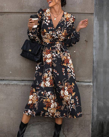 V-Neck Vintage Print Autumn Dress