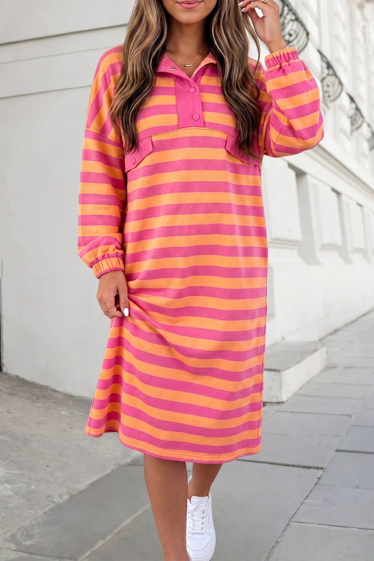 Stripe Long Sleeve Polo Neck Midi Dress