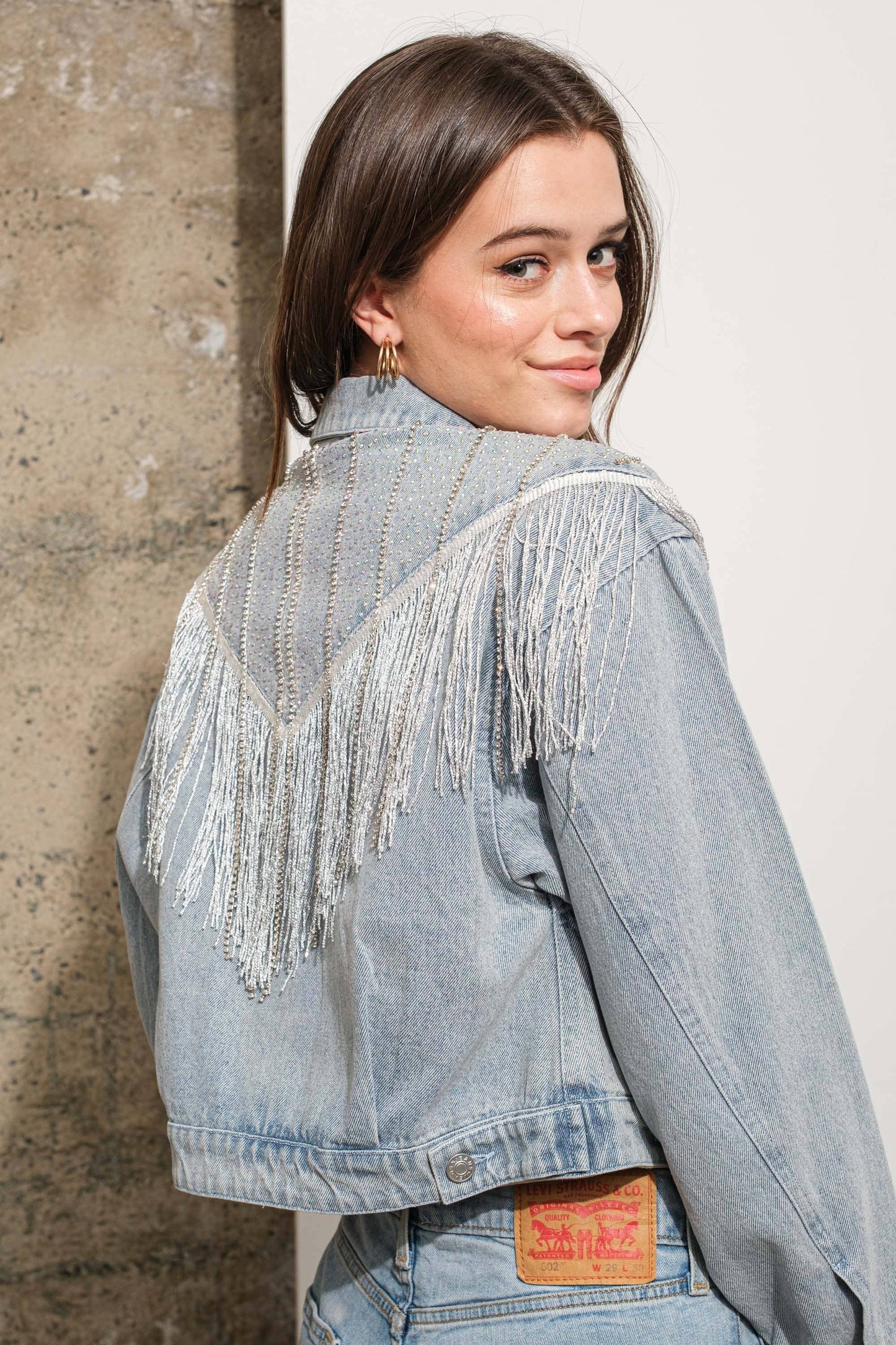 Chevron Fringe Studded Sparkle Denim Jacket