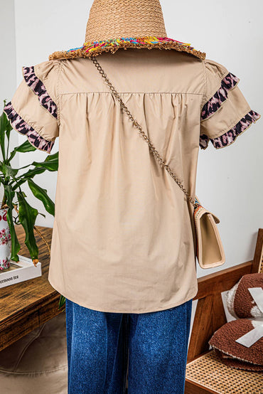 Fashion-W Leopard Ruffles Trim Tiered Short Sleeve Blouse