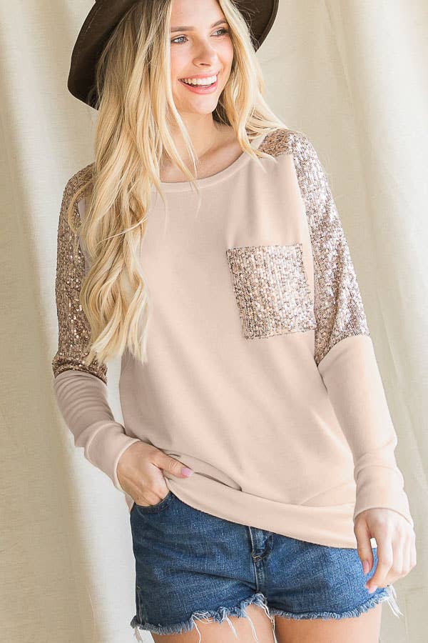 Soft Brushed Knit Sequin Contrast Front Pocket Top