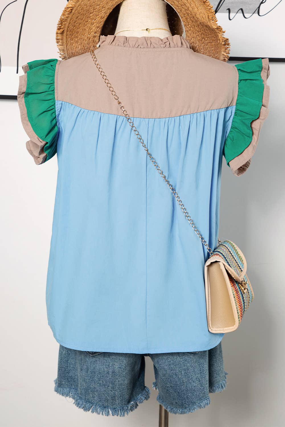 Colorblock Ruffled Sleeve Frill V Neck Blouse