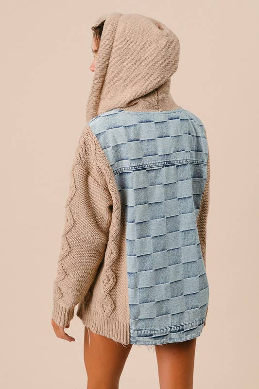Washed Checker Denim And Sweater Hooded Jacket