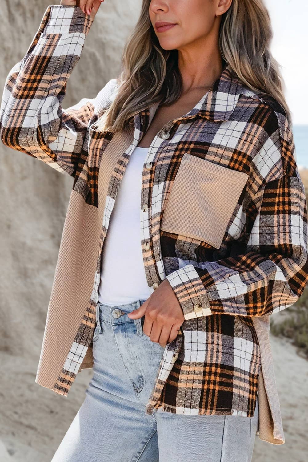 Plaid Knit Patch Shacket